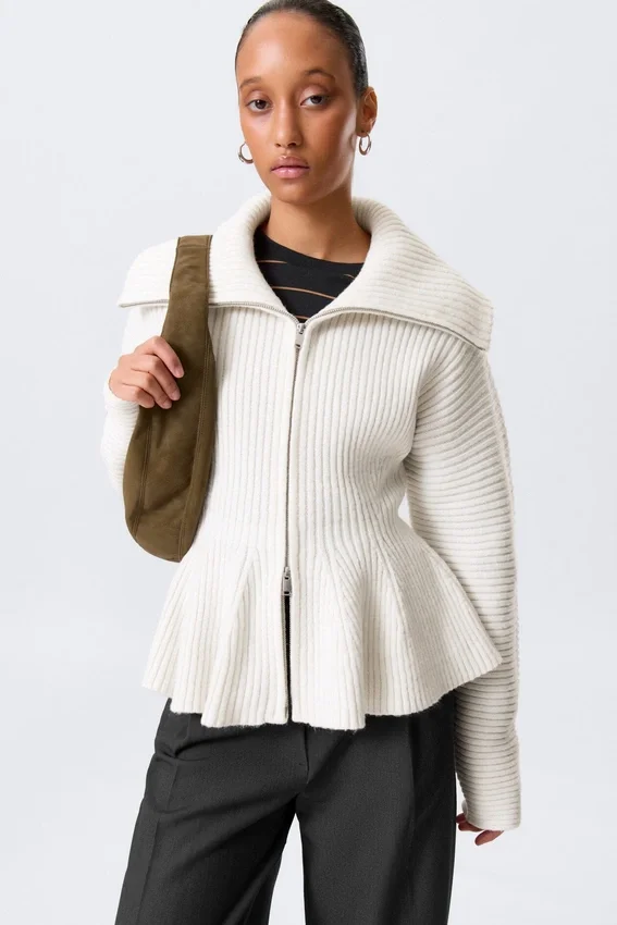 Rib Knit Peplum Zip Sweater – White Rib Knit Peplum Zip Sweater – White