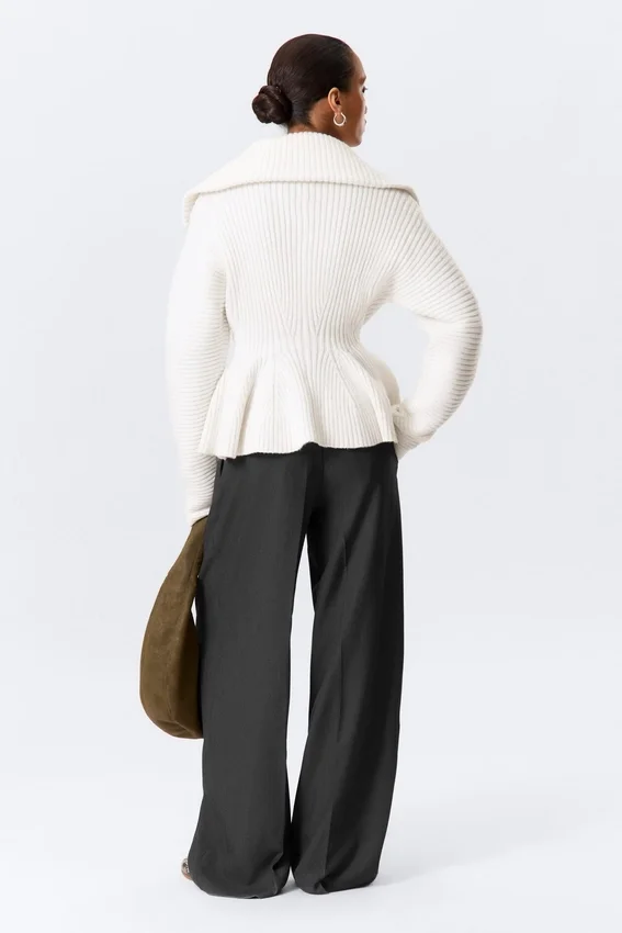Rib Knit Peplum Zip Sweater – White Rib Knit Peplum Zip Sweater – White