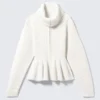 Rib Knit Peplum Zip Sweater – White Rib Knit Peplum Zip Sweater – White