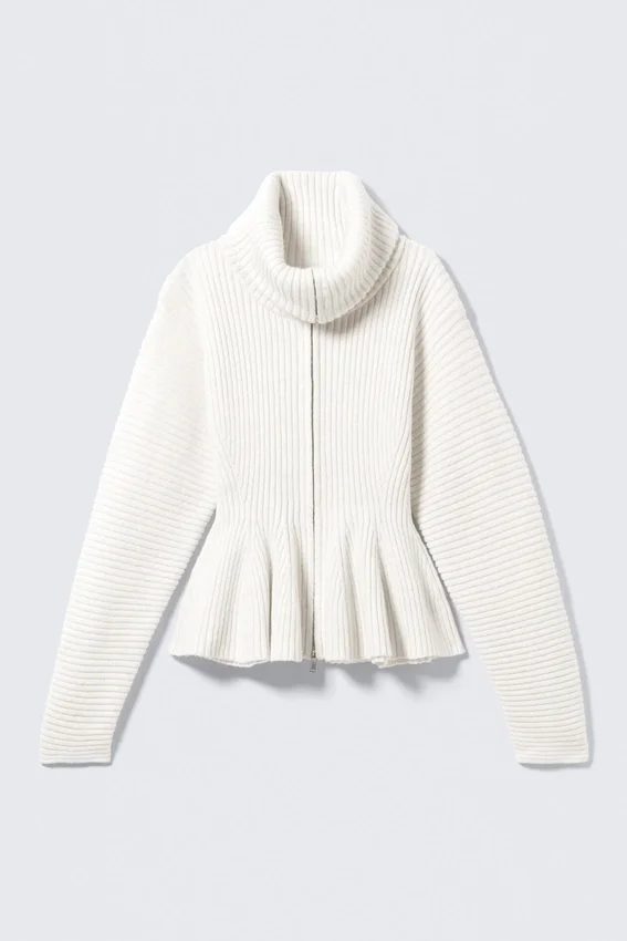 Rib Knit Peplum Zip Sweater – White Rib Knit Peplum Zip Sweater – White
