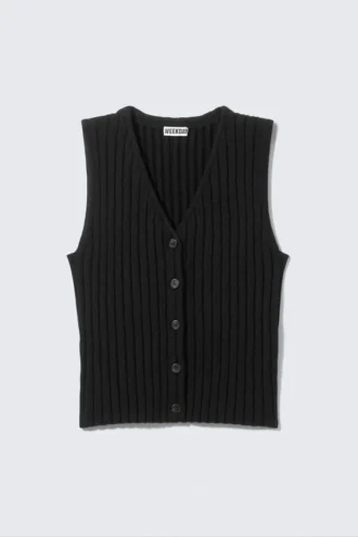 Rib-Knitted V-Neck Vest – Black
