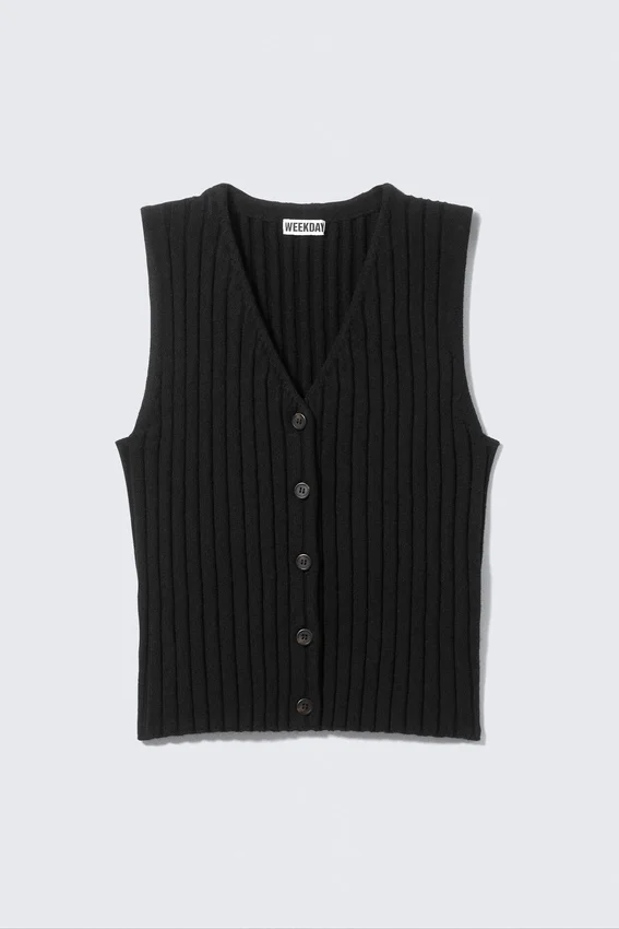 Rib-Knitted V-Neck Vest – Black Rib-Knitted V-Neck Vest – Black
