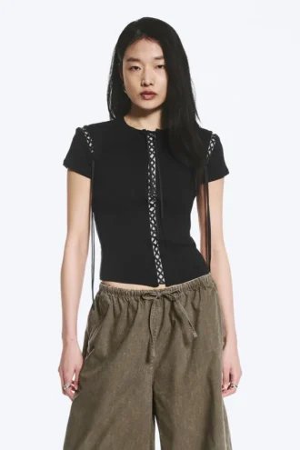 Ribbed Cross Tie T-Shirt – Black