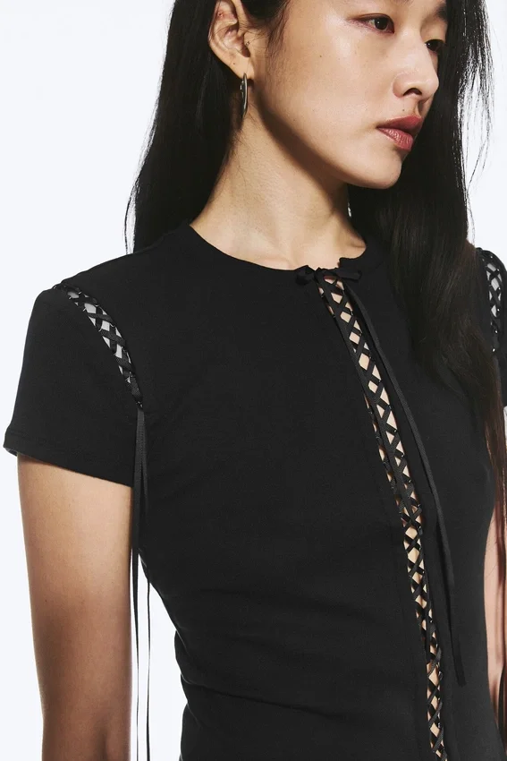 Ribbed Cross Tie T-Shirt – Black Ribbed Cross Tie T-Shirt – Black