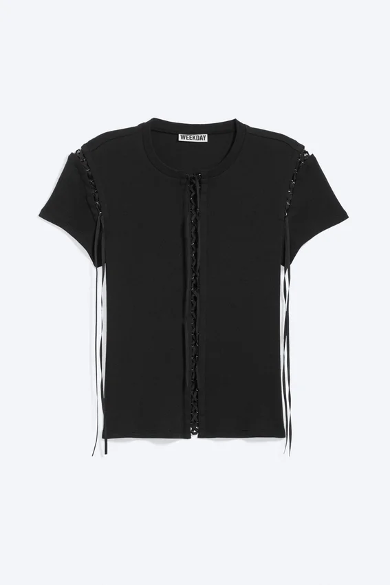 Ribbed Cross Tie T-Shirt – Black Ribbed Cross Tie T-Shirt – Black