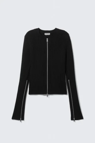 Ribbed Fitted Zip Cardigan – Black Ribbed Fitted Zip Cardigan – Black