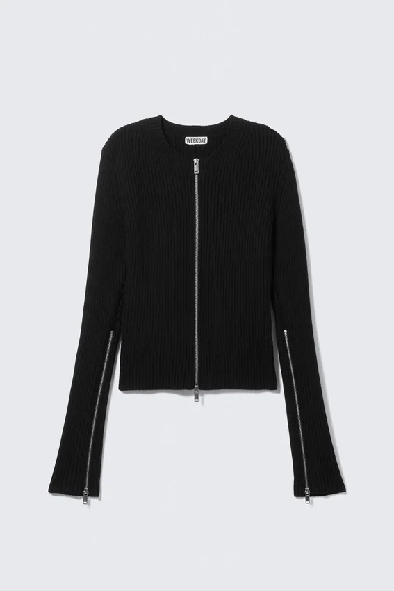 Ribbed Fitted Zip Cardigan – Black Ribbed Fitted Zip Cardigan – Black