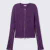 Ribbed Fitted Zip Cardigan – Dark Purple Ribbed Fitted Zip Cardigan – Dark Purple