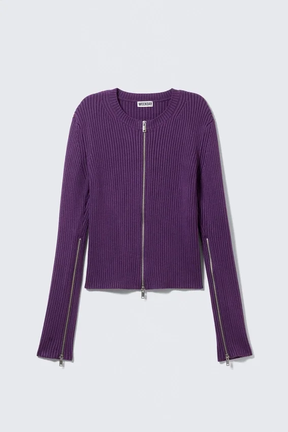 Ribbed Fitted Zip Cardigan – Dark Purple Ribbed Fitted Zip Cardigan – Dark Purple