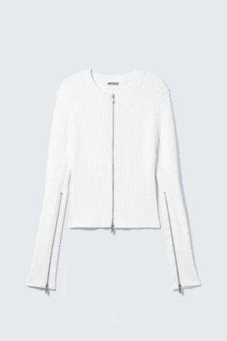 Ribbed Fitted Zip Cardigan – Off-White