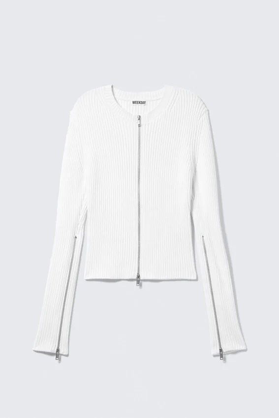 Ribbed Fitted Zip Cardigan – Off-White Ribbed Fitted Zip Cardigan – Off-White