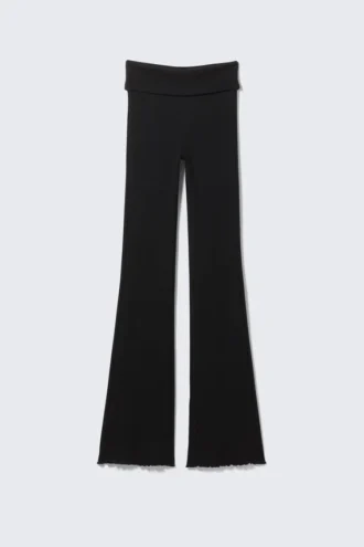 Ribbed Fold-Over Waist Flared Trousers – Black