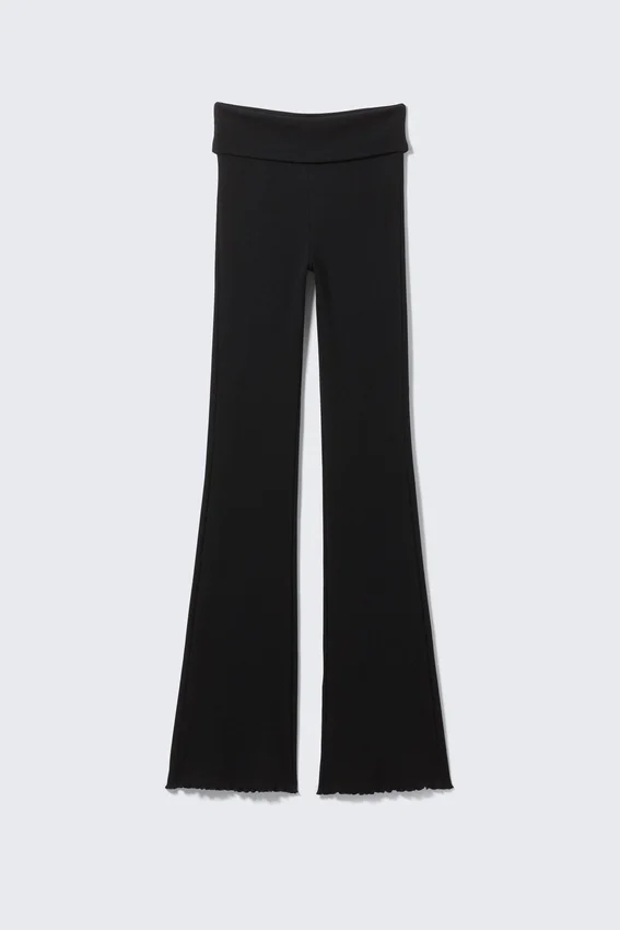 Ribbed Fold-Over Waist Flared Trousers – Black Ribbed Fold-Over Waist Flared Trousers – Black