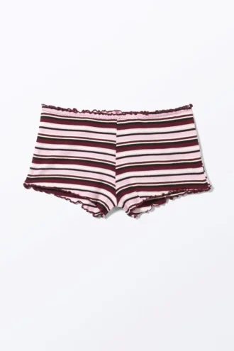 Ribbed Frilled Mini Shorts – Dark Red & Pink Stripe