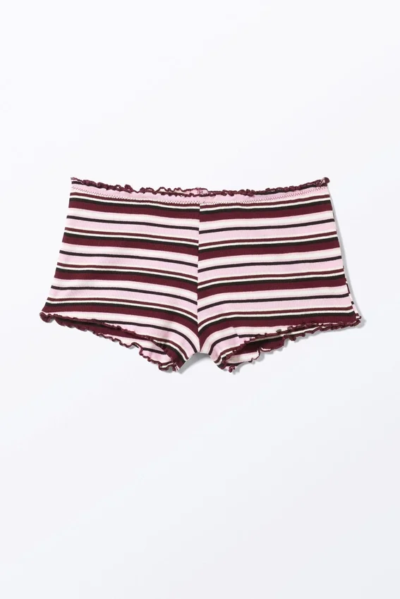 Ribbed Frilled Mini Shorts – Dark Red & Pink Stripe Ribbed Frilled Mini Shorts – Dark Red & Pink Stripe