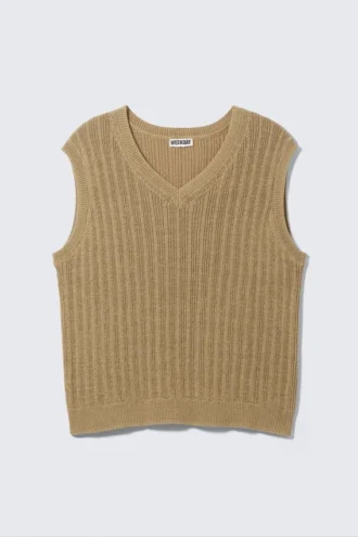 Ribbed Knitted V-Neck Vest – Beige