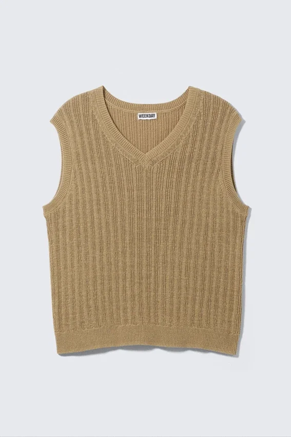 Ribbed Knitted V-Neck Vest – Beige Ribbed Knitted V-Neck Vest – Beige