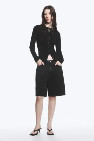 Ribbed Long-Sleeved Cardigan – Black