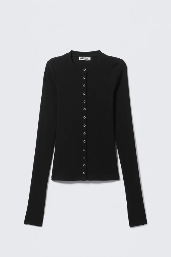 Ribbed Long-Sleeved Cardigan – Black Ribbed Long-Sleeved Cardigan – Black