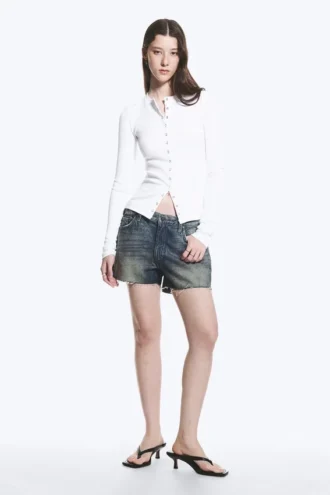 Ribbed Long-Sleeved Cardigan – White