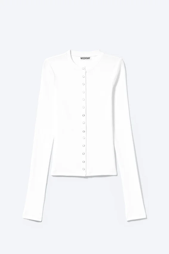 Ribbed Long-Sleeved Cardigan – White Ribbed Long-Sleeved Cardigan – White