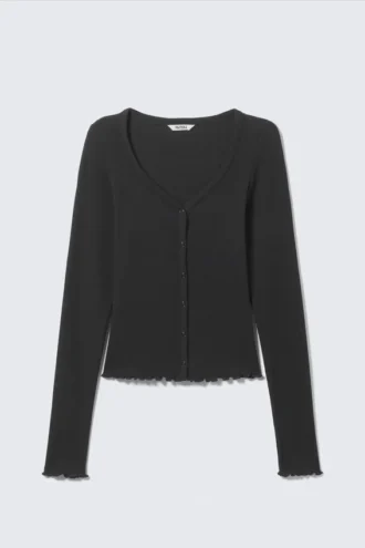 Ribbed Long-Sleeved Pyjama Cardigan – Black