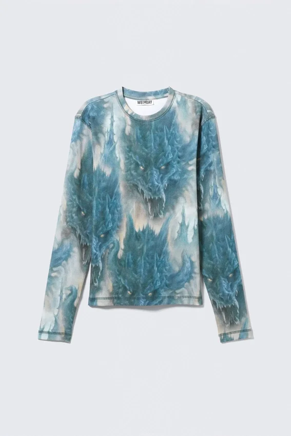 Ribbed Long-Sleeved T-Shirt – Grey & Blue Dragon Print Ribbed Long-Sleeved T-Shirt – Grey & Blue Dragon Print