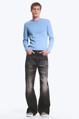 Ribbed Long-Sleeved T-Shirt – Washed Blue