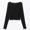 Ribbed Mini Henley Top – Black