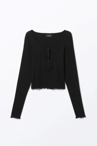 Ribbed Mini Henley Top – Black