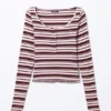 Ribbed Mini Henley Top – Dark Red & Pink Stripe