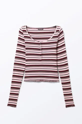 Ribbed Mini Henley Top – Dark Red & Pink Stripe