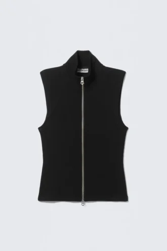 Ribbed Mock Neck Zip Top – Black
