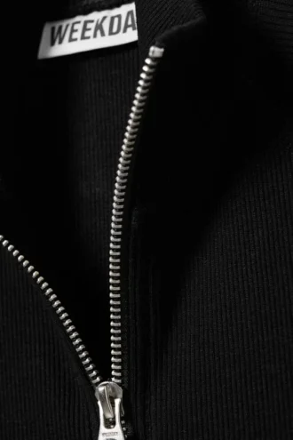 Ribbed Mock Neck Zip Top – Black