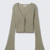 Ribbed Tie-Front Cardigan – Khaki Green Ribbed Tie-Front Cardigan – Khaki Green