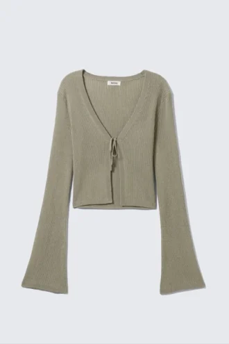 Ribbed Tie-Front Cardigan – Khaki Green