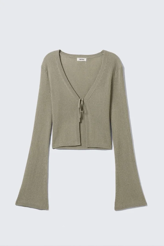 Ribbed Tie-Front Cardigan – Khaki Green Ribbed Tie-Front Cardigan – Khaki Green