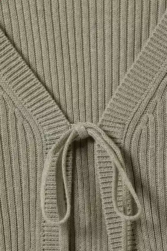Ribbed Tie-Front Cardigan – Khaki Green Ribbed Tie-Front Cardigan – Khaki Green