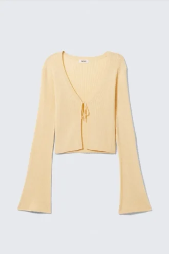 Ribbed Tie-Front Cardigan – Light Yellow