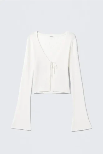 Ribbed Tie-Front Cardigan – White