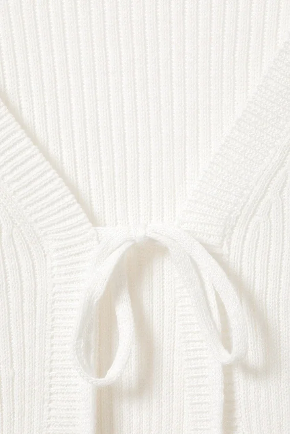 Ribbed Tie-Front Cardigan – White Ribbed Tie-Front Cardigan – White