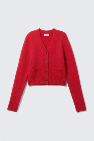 Ribbed V-Neck Cardigan – Bright Red
