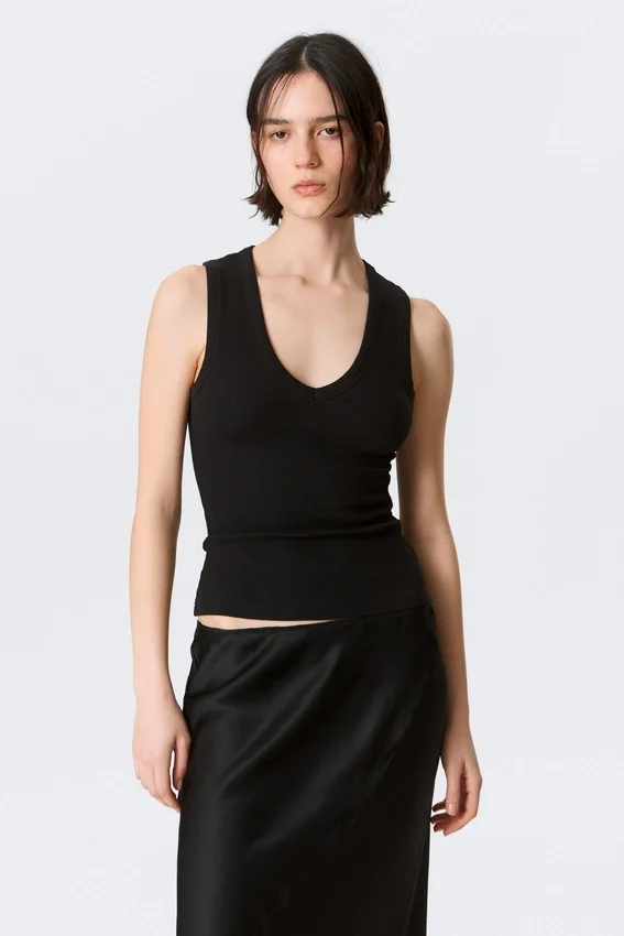 Ribbed V-Neck Tank Top – Black Ribbed V-Neck Tank Top – Black