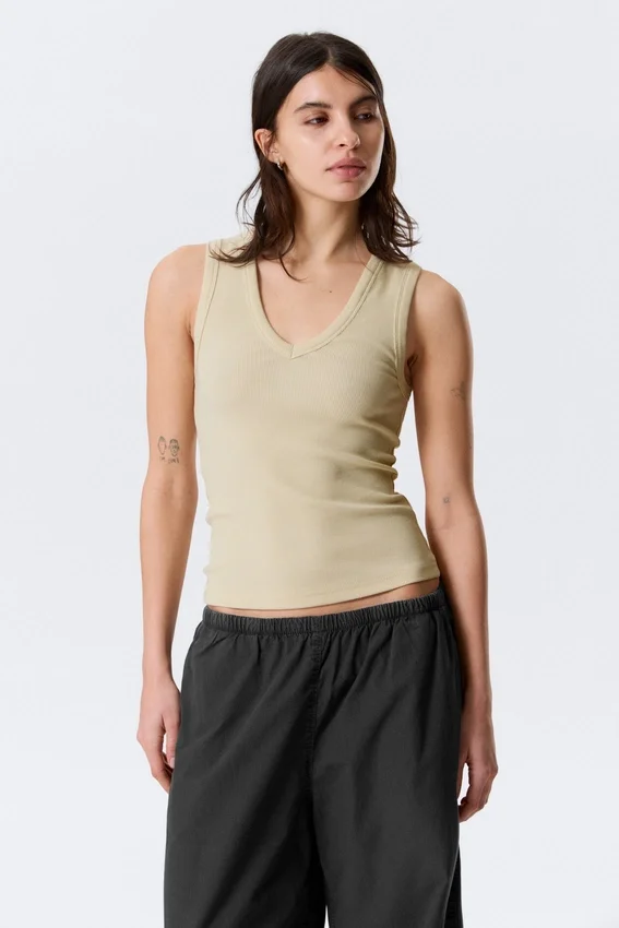 Ribbed V-Neck Tank Top – Light Beige Ribbed V-Neck Tank Top – Light Beige