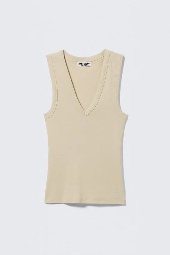 Ribbed V-Neck Tank Top – Light Beige Ribbed V-Neck Tank Top – Light Beige