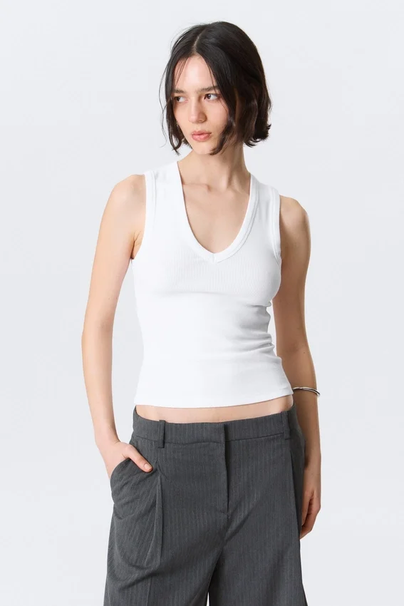 Ribbed V-Neck Tank Top – White Ribbed V-Neck Tank Top – White