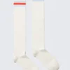 Ribbed Varsity High Knee Socks – Off-White – Red & Blue Stripe Ribbed Varsity High Knee Socks – Off-White – Red & Blue Stripe