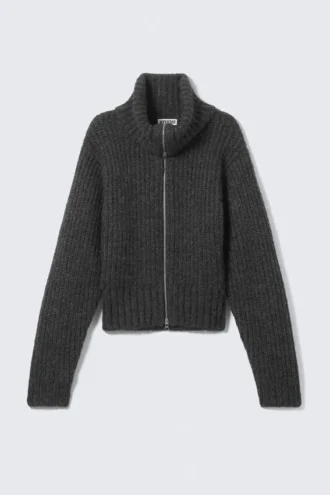 Ribbed Zip-Up Knit Cardigan – Dark Grey Melange Ribbed Zip-Up Knit Cardigan – Dark Grey Melange