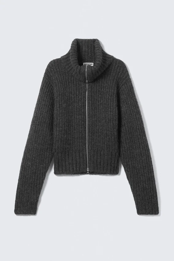 Ribbed Zip-Up Knit Cardigan – Dark Grey Melange Ribbed Zip-Up Knit Cardigan – Dark Grey Melange