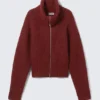 Ribbed Zip-Up Knit Cardigan – Dark Red Melange Ribbed Zip-Up Knit Cardigan – Dark Red Melange